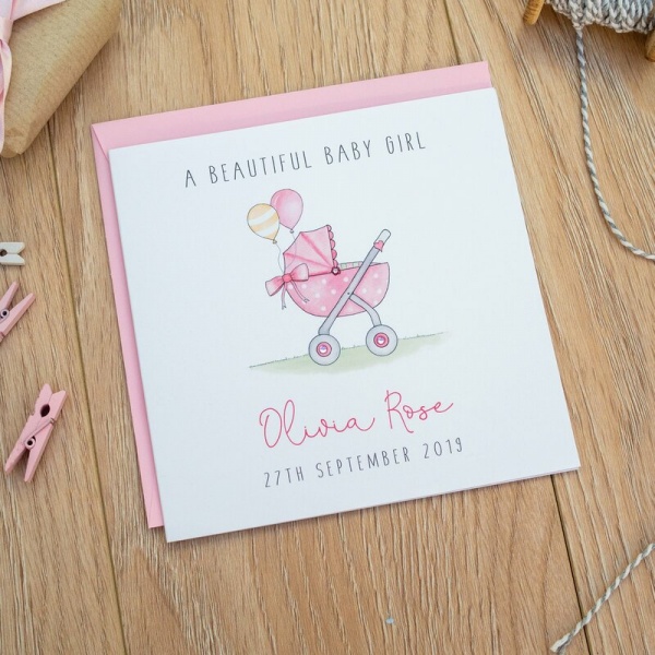 Personalised New Baby Girl Card - Pram