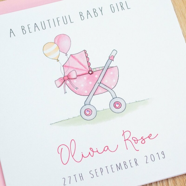 Personalised New Baby Girl Card - Pram