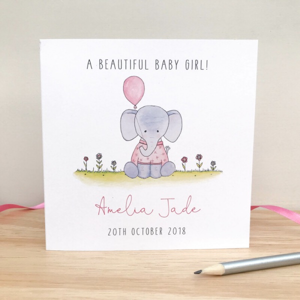 Personalised Baby Girl Card - Handmade New Baby Girl Card - Elephant