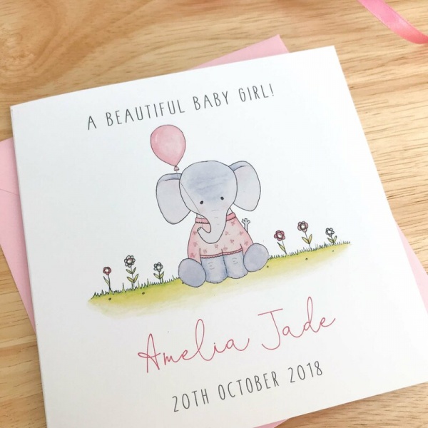 Personalised Baby Girl Card - Handmade New Baby Girl Card - Elephant