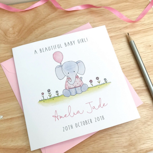 Personalised Baby Girl Card - Handmade New Baby Girl Card - Elephant