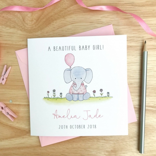 Personalised Baby Girl Card - Handmade New Baby Girl Card - Elephant