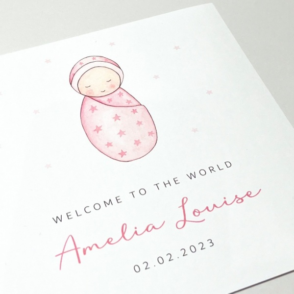 Personalised New Baby Girl Card - Baby in blanket