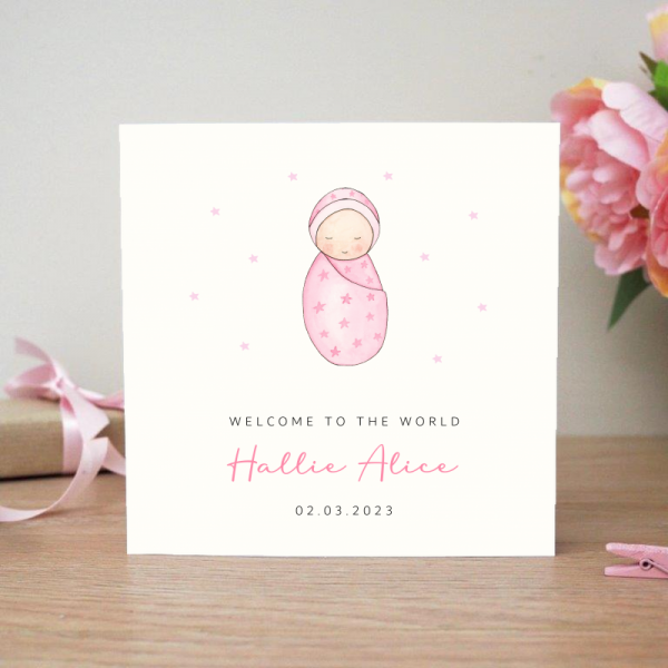 Personalised New Baby Girl Card - Baby in blanket