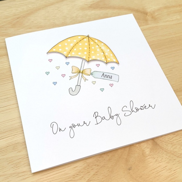 Personalised Handmade Baby Shower Card  Yellow Umbrella Parasol