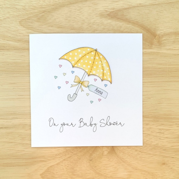 Personalised Handmade Baby Shower Card  Yellow Umbrella Parasol