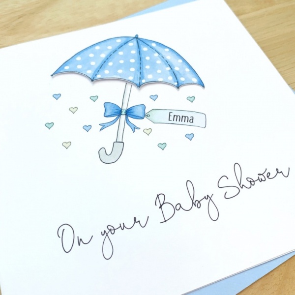 Personalised Handmade Baby Shower Card  Blue Umbrella Parasol