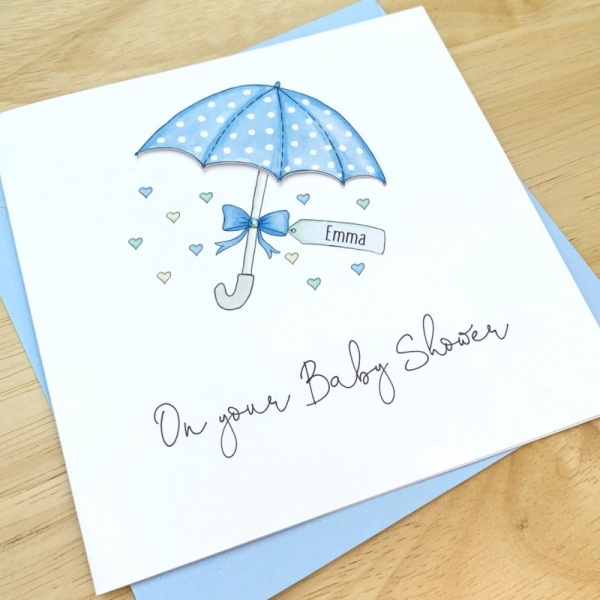 Personalised Handmade Baby Shower Card  Blue Umbrella Parasol