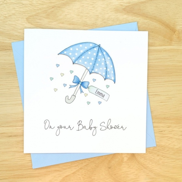 Personalised Handmade Baby Shower Card  Blue Umbrella Parasol