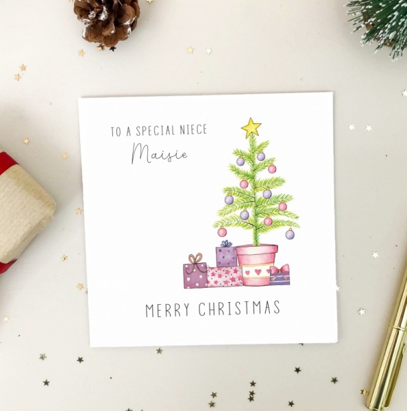 Personalised Girls Christmas Card - Pink Christmas Tree