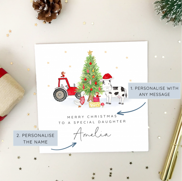 Personalised Boys Christmas Card - Farm Farmyard, Cow and Duck with Tractor