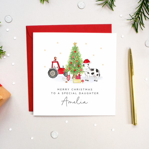 Personalised Boys Christmas Card - Farm Farmyard, Cow and Duck with Tractor