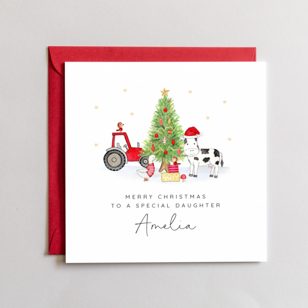 Personalised Boys Christmas Card - Farm Farmyard, Cow and Duck with Tractor