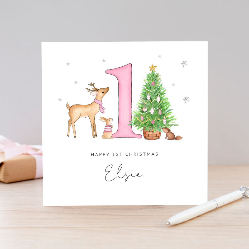 Personalised 1st Christmas Card For A Little Girl - Pink