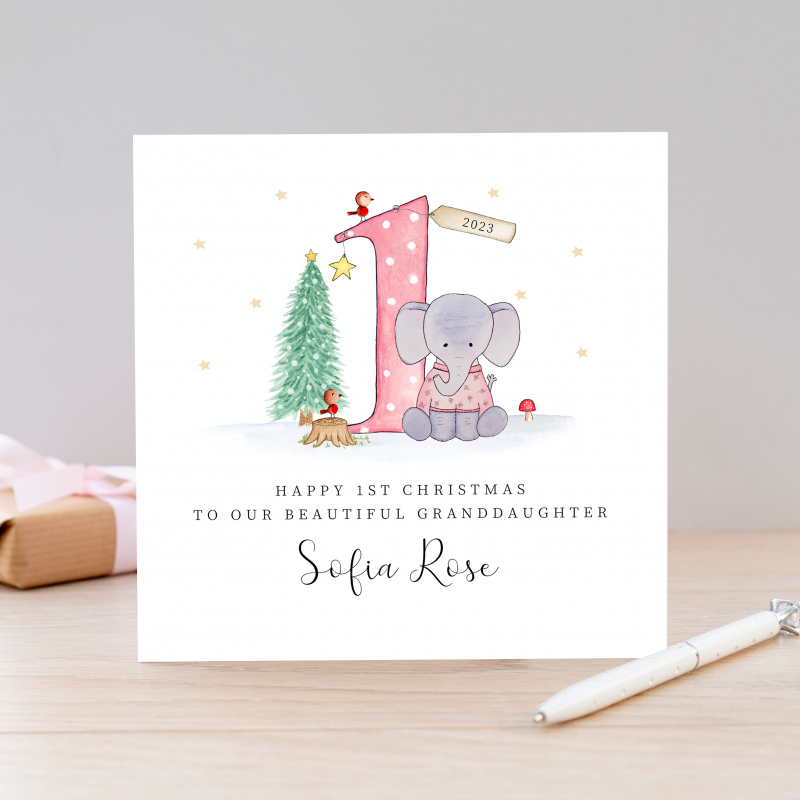 Girls 1st Christmas Card - Elephant