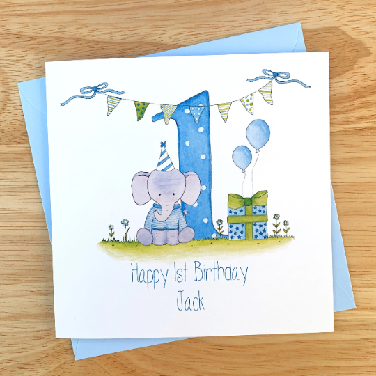 Personalised Boys 1st Birthday Card - Elephant
