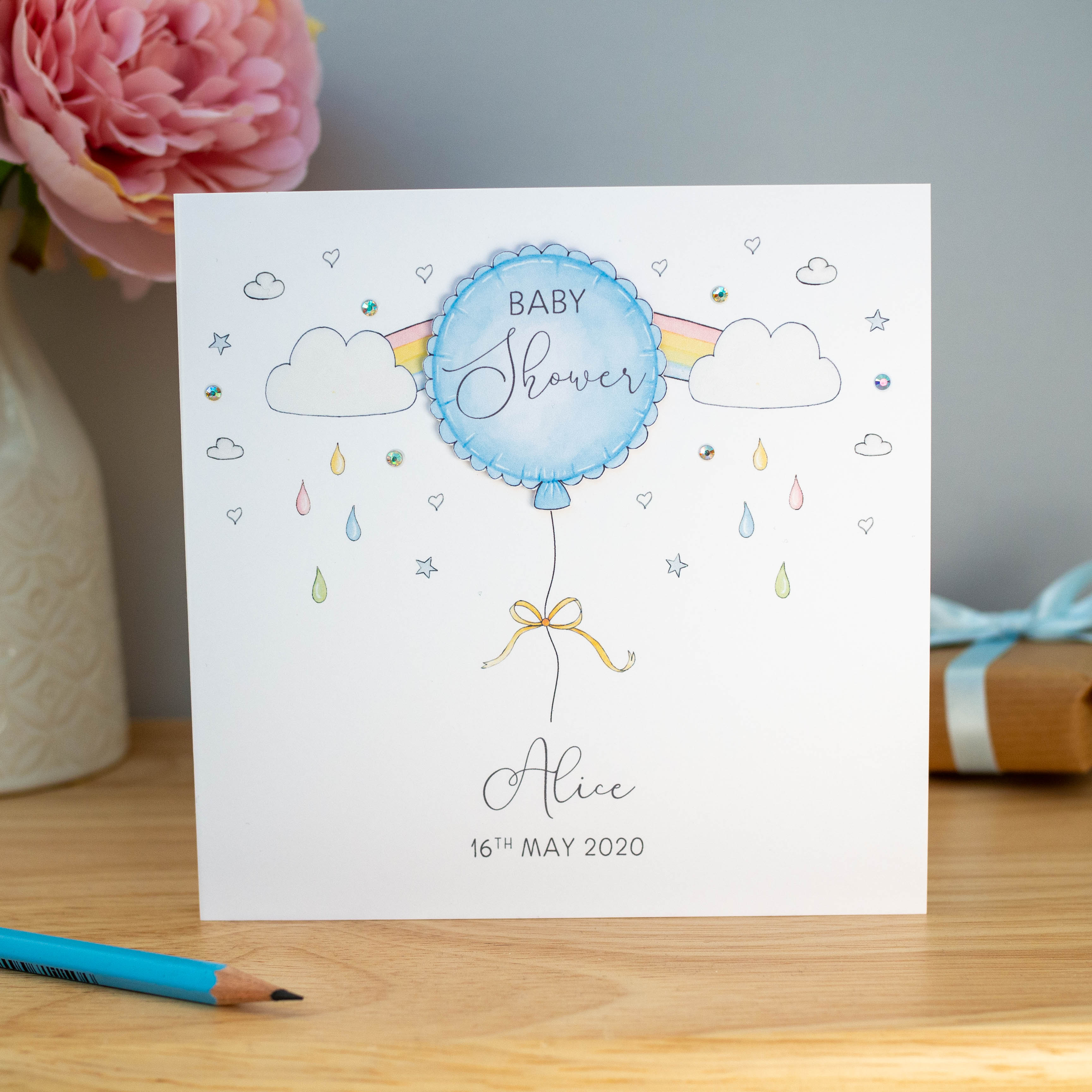 Personalised Baby Shower Card  Blue Balloon