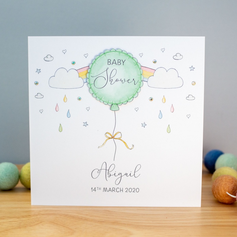 Personalised Baby Shower Card  Green Balloon - Gender Neutral Baby Shower Cards