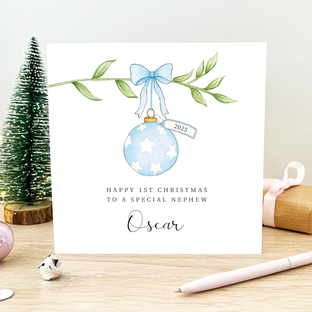 thumbnail image 2 of Personalised 'Thinking Of You This Christmas' Card | Blue Handmade Folded Card For Family, First Christmas Without You 2 of 4