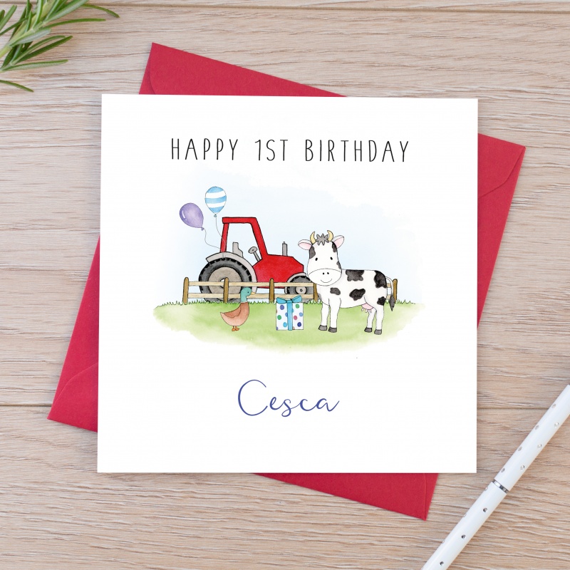 Personalised Childrens Birthday Card  Tractor and cow on a farm
