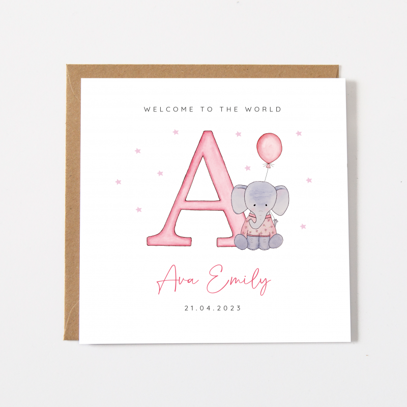 Personalised New Baby Card For A Girl - Elephant Alphabet Letter Card