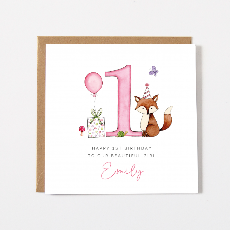 Personalised Girls 1st Birthday Card - Fox
