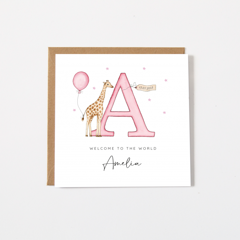 Personalised Baby Girl Card - Giraffe Alphabet Letter