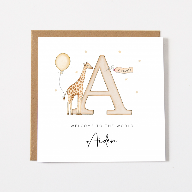 Personalised New Baby Card  For Girl or Boy - Giraffe