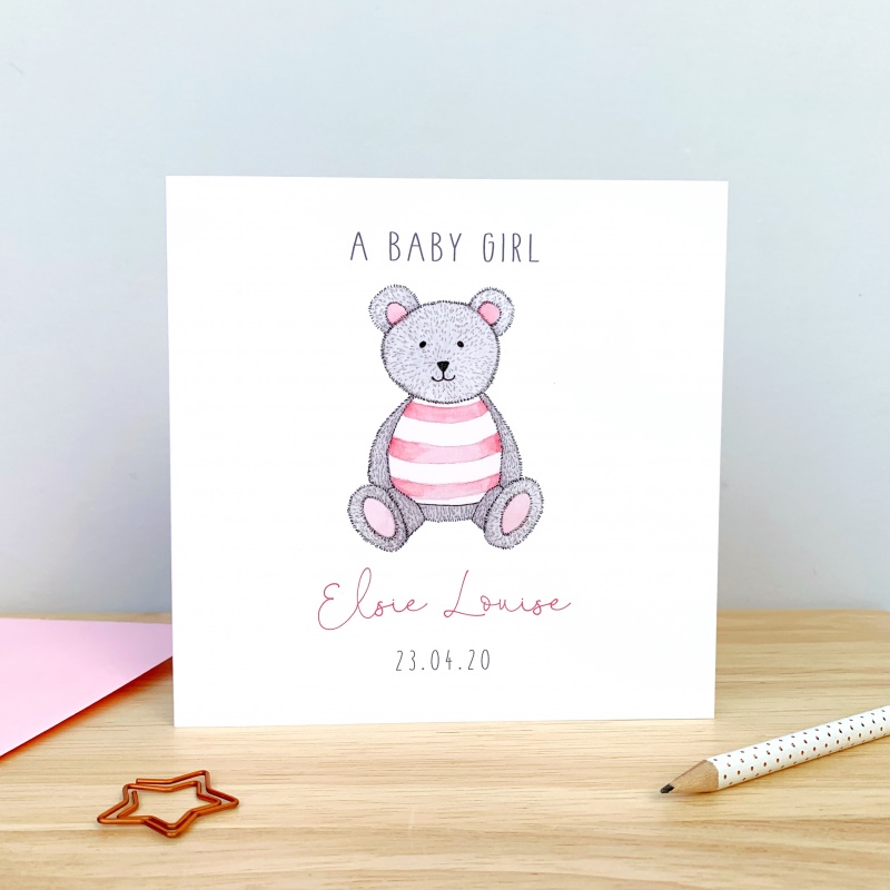 Personalised New Baby Girl Card - teddy bear