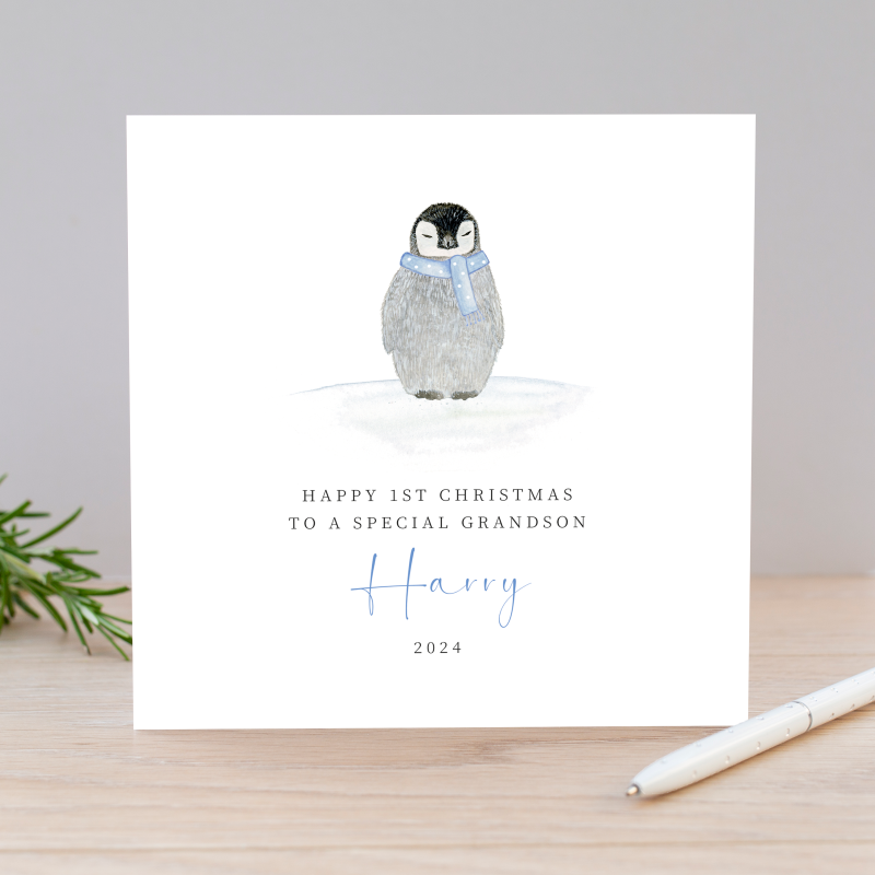 Personalised Girls 1st Christmas Card - First Christmas Card - Penguin ...