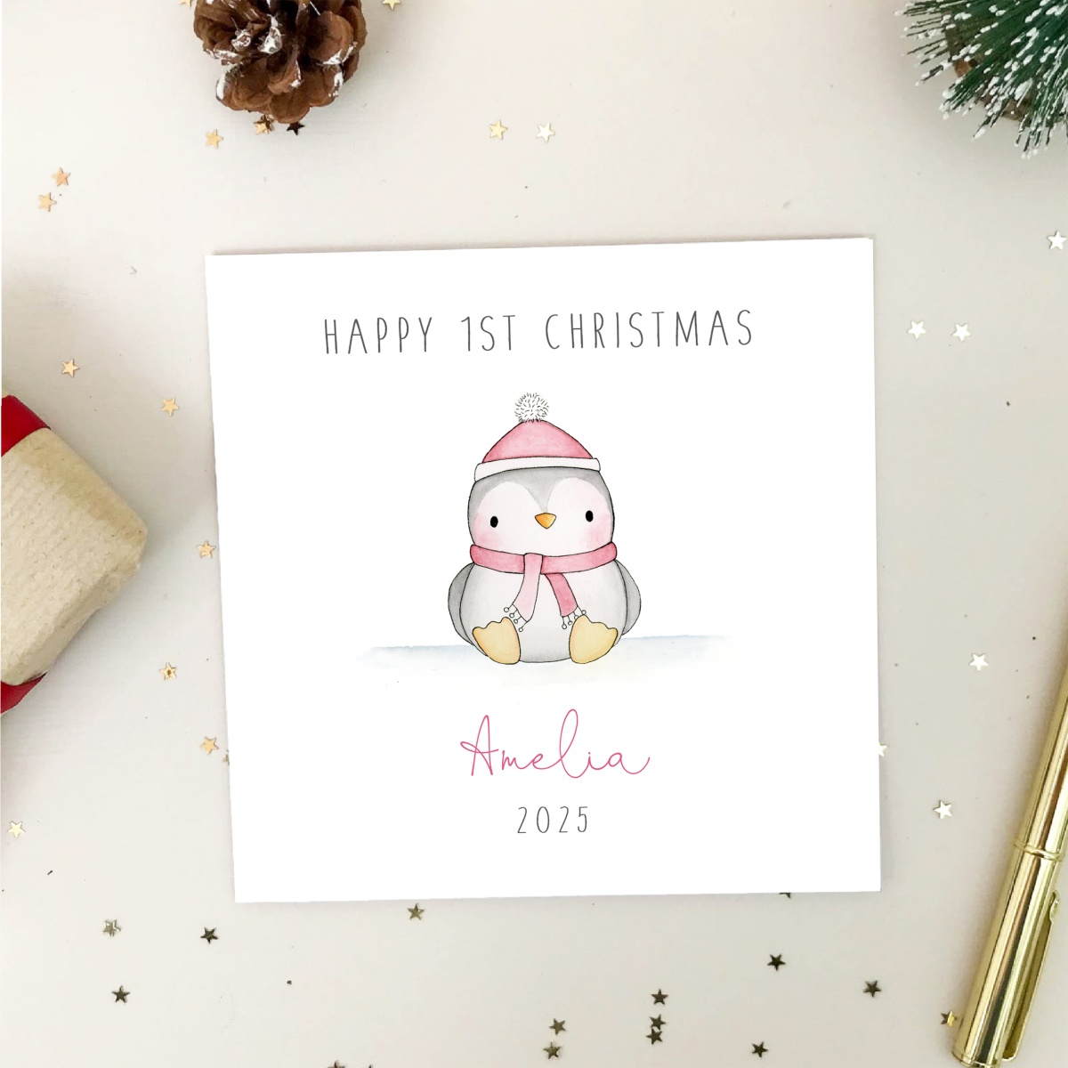 Personalised Girls First Christmas Card - 1st Christmas Card - Penguin ...