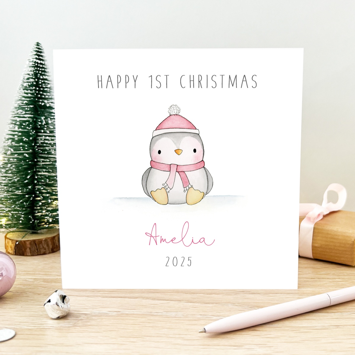 Personalised Girls First Christmas Card - 1st Christmas Card - Penguin ...