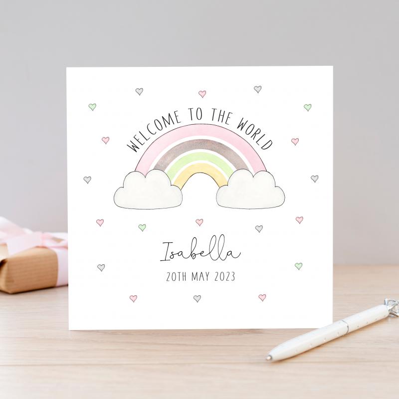 Personalised New Baby Girl Card  Rainbow Baby Card