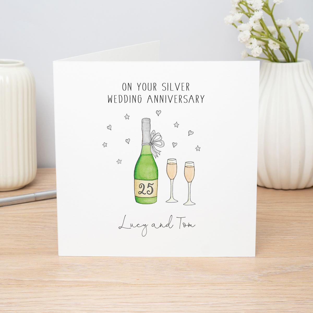 Handmade Personalised Silver Wedding Anniversary Card - Wine Bottle ...