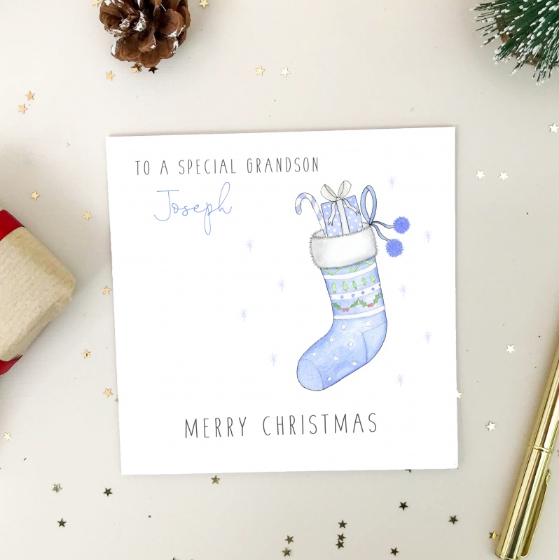 Personalised Boys Christmas Card - Blue Stocking