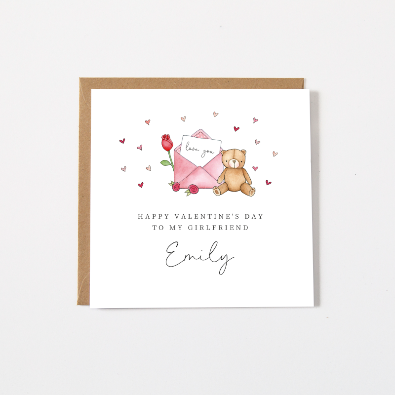Personalised Valentine's Day Card With Teddy and Rose