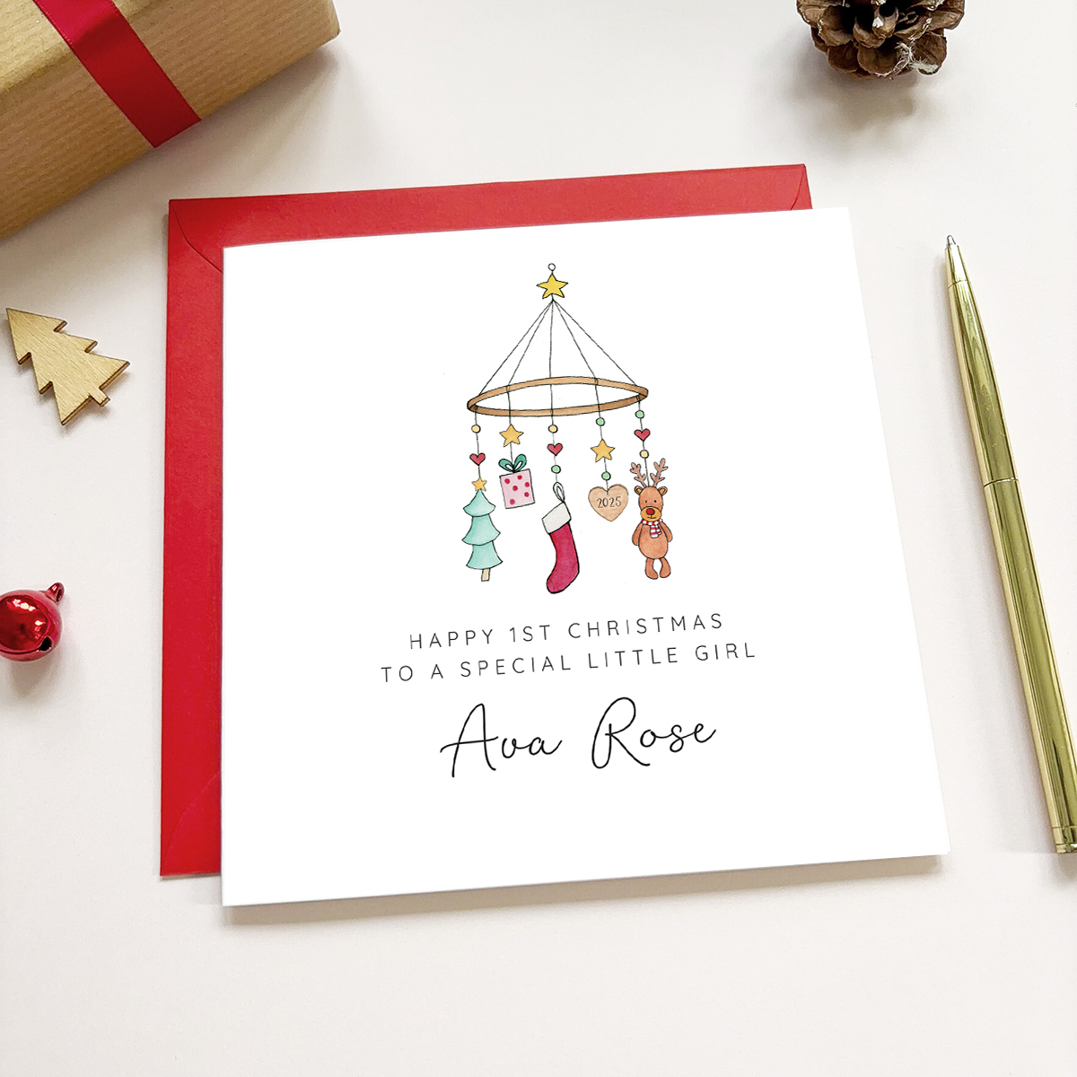 Personalised Girls 1st Christmas Card - First Christmas Card - Penguin ...