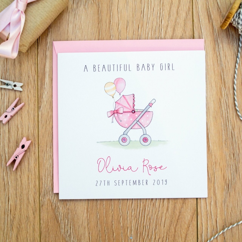 Personalised New Baby Girl Card - Pram