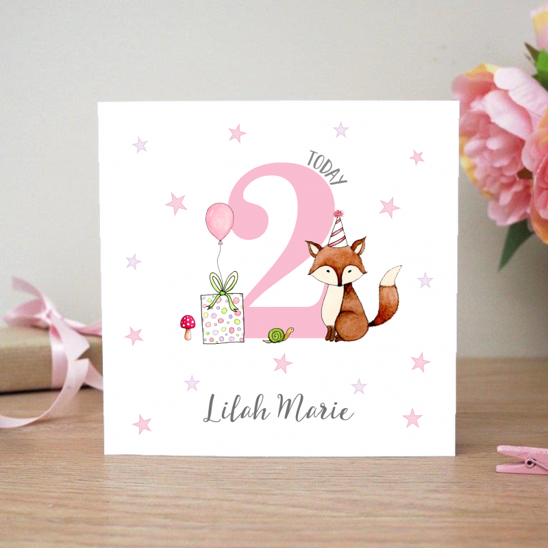 Personalised Girls Birthday Card  Fox - 1st 2nd, 3rd, 4th, 5th