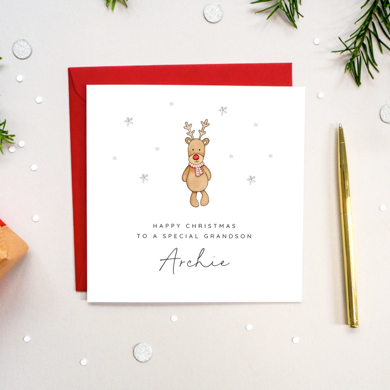 Personalised Rudolf Teddy Christmas Card for a boy or girl