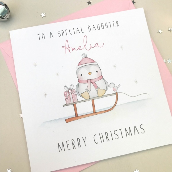 Personalised Girls Christmas Card - Penguin Christmas cards