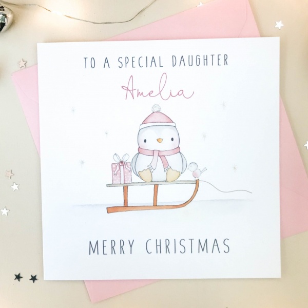 Personalised Girls Christmas Card - Penguin Christmas cards