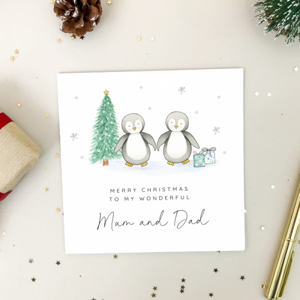 Personalised Christmas Card for Mum and Dad - Penguins