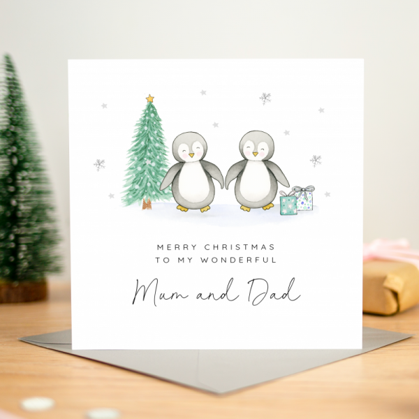 Personalised Christmas Card for Mum and Dad - Penguins