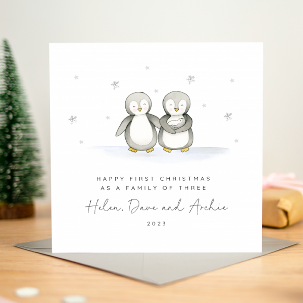 First Christmas as a Family card - Penguins