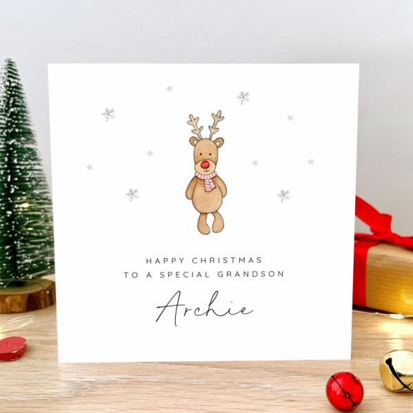 Personalised Rudolf Teddy Christmas Card for a boy or girl