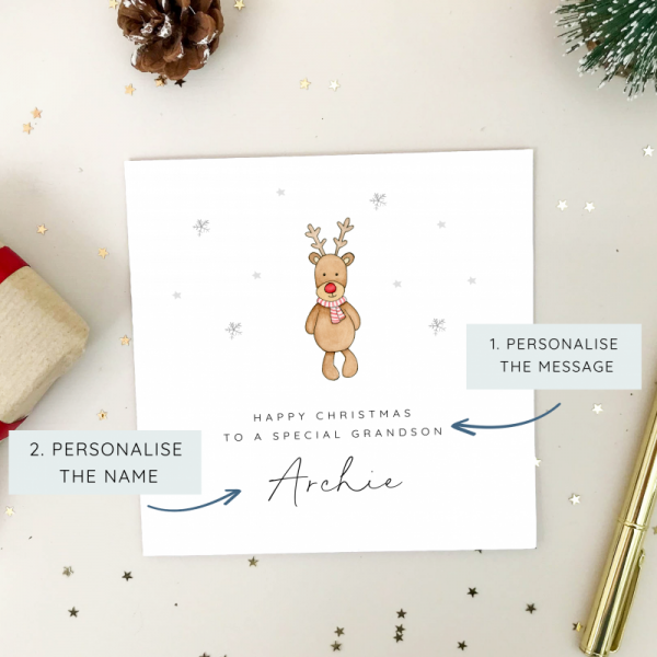 Personalised Rudolf Teddy Christmas Card for a boy or girl