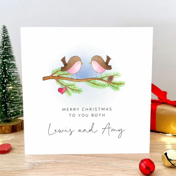 Personalised Christmas card - Robins on branch