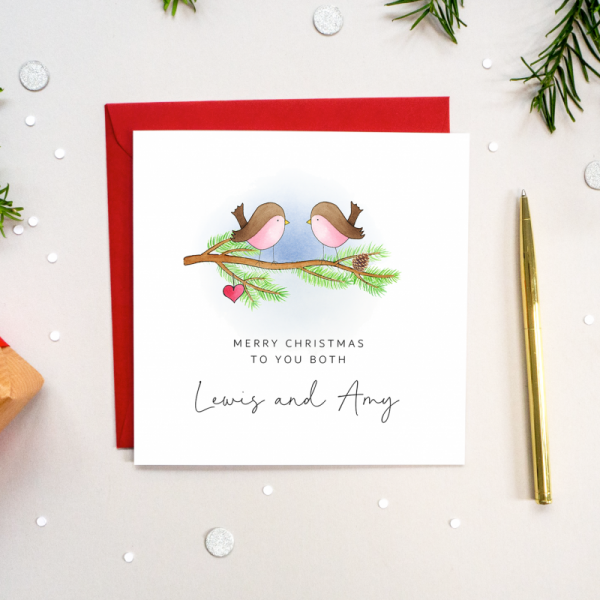 Personalised Christmas card - Robins on branch