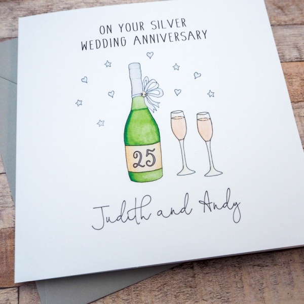 Handmade Personalised Silver Wedding Anniversary Card - Wine Bottle